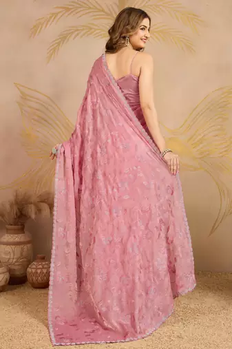Light Pink Satin Embroidery swarovski work Saree with Unstitched Blouse 