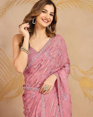 Light Pink Satin Embroidery swarovski work Saree with Unstitched Blouse  3