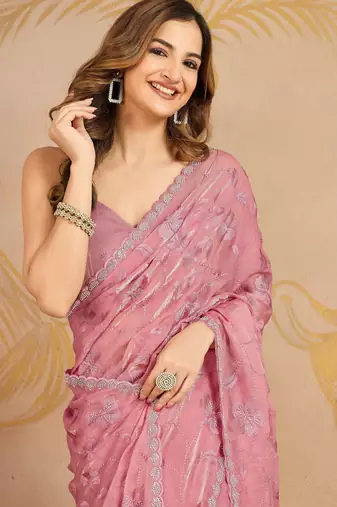 Light Pink Satin Embroidery swarovski work Saree with Unstitched Blouse 