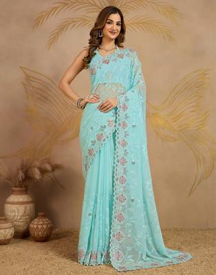 Turquoise Georgette Embroidery swarovski work Saree with Unstitched Blouse  1