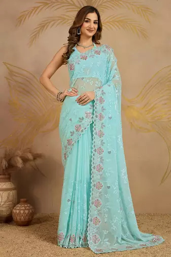 Trendmalls Turquoise Georgette Embroidery swarovski work Saree with Unstitched Blouse 