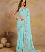 Trendmalls Turquoise Georgette Embroidery swarovski work Saree with Unstitched Blouse 