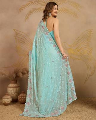 Turquoise Georgette Embroidery swarovski work Saree with Unstitched Blouse  2