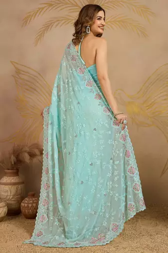 Trendmalls Turquoise Georgette Embroidery swarovski work Saree with Unstitched Blouse 