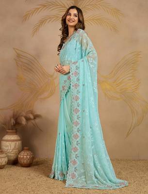 Turquoise Georgette Embroidery swarovski work Saree with Unstitched Blouse  3