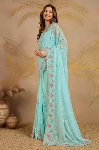 Trendmalls Turquoise Georgette Embroidery swarovski work Saree with Unstitched Blouse 