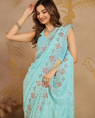 Turquoise Georgette Embroidery swarovski work Saree with Unstitched Blouse  4