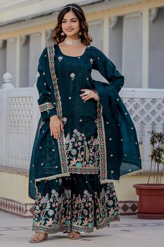 Women Gorgeous Gold Crush Fabric Straight Kurta, Sharara and Dupatta Set