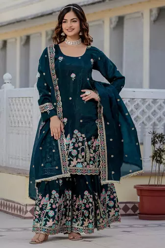Women Gorgeous Gold Crush Fabric Straight Kurta, Sharara and Dupatta Set