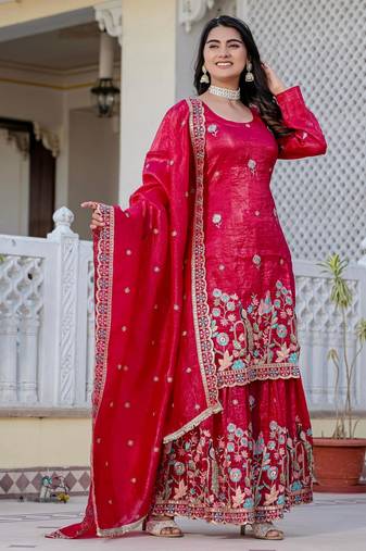 Women Gorgeous Gold Crush Fabric Straight Kurta, Sharara and Dupatta Set