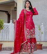 Women Gorgeous Gold Crush Straight Kurta, Sharara and Dupatta Set