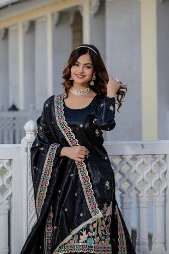 Women Gorgeous Gold Crush Fabric Straight Kurta, Sharara and Dupatta Set