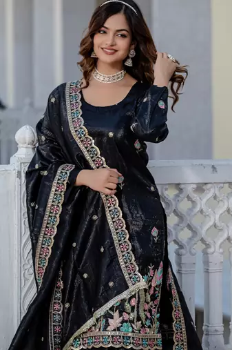 Women Gorgeous Gold Crush Fabric Straight Kurta, Sharara and Dupatta Set