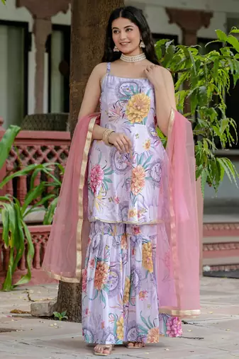 Women Gorgeous Digital Printed Chinon Fabric Straight Kurta, Sharara and Dupatta Set