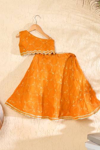 Mustard lehenga with off shoulder top