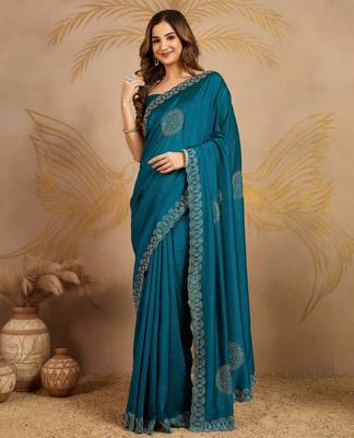 Morpeach Art Silk Embroidery swarovski work Saree with Unstitched Blouse  1