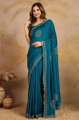Morpeach Art Silk Embroidery swarovski work Saree with Unstitched Blouse 