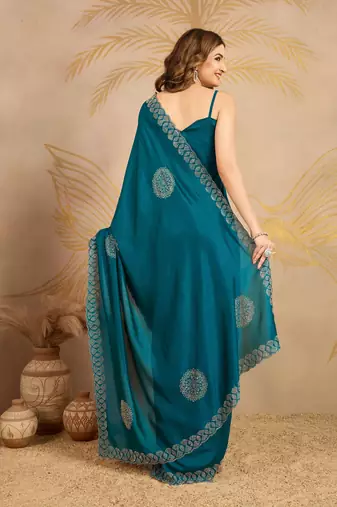 Trendmalls Morpeach Art Silk Embroidery swarovski work Saree with Unstitched Blouse 
