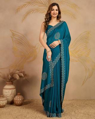 Morpeach Art Silk Embroidery swarovski work Saree with Unstitched Blouse  3