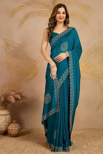 Trendmalls Morpeach Art Silk Embroidery swarovski work Saree with Unstitched Blouse 