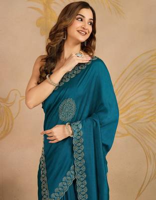 Morpeach Art Silk Embroidery swarovski work Saree with Unstitched Blouse  4
