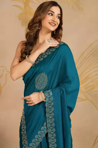 Trendmalls Morpeach Art Silk Embroidery swarovski work Saree with Unstitched Blouse 