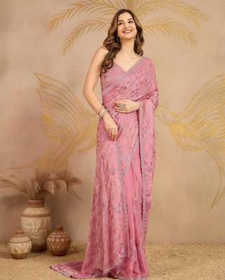 Light Pink Satin Embroidery swarovski work Saree with Unstitched Blouse  6