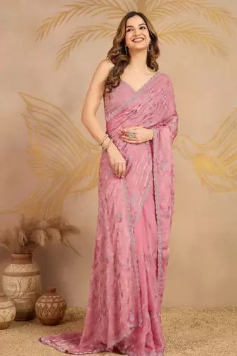 Light Pink Satin Embroidery swarovski work Saree with Unstitched Blouse 