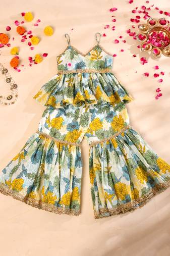 Multicolor block print sharara set