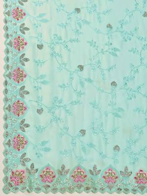 Turquoise Georgette Embroidery swarovski work Saree with Unstitched Blouse  6
