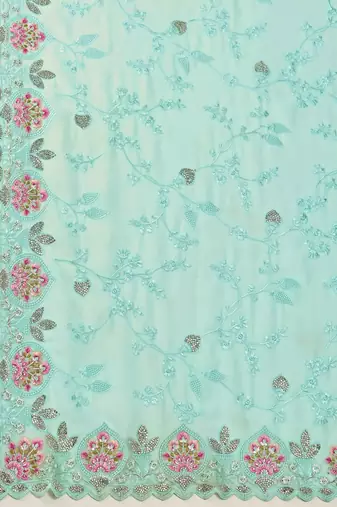 Trendmalls Turquoise Georgette Embroidery swarovski work Saree with Unstitched Blouse 