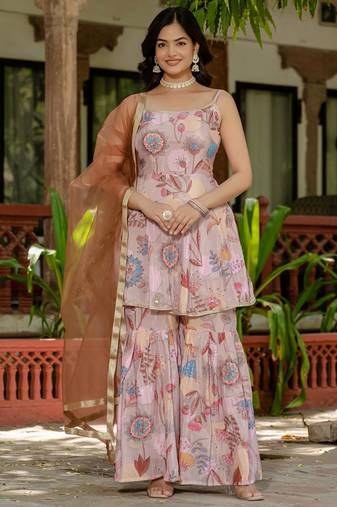 Women Gorgeous Digital Printed Chinon Fabric Straight Kurta, Sharara and Dupatta Set