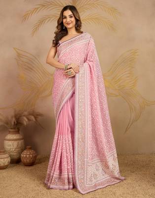 Trendmalls Pink Tussar Silk Embroidery swarovski work Saree with Unstitched Blouse  1