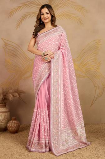 Pink Tussar Silk Embroidery swarovski work Saree with Unstitched Blouse 