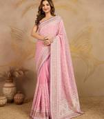 Trendmalls Pink Tussar Silk Embroidery swarovski work Saree with Unstitched Blouse 