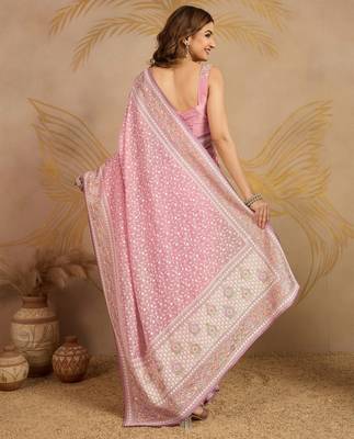 Trendmalls Pink Tussar Silk Embroidery swarovski work Saree with Unstitched Blouse  2