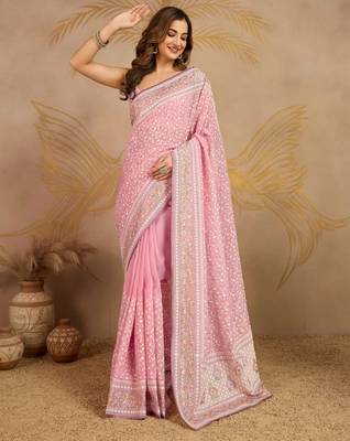Trendmalls Pink Tussar Silk Embroidery swarovski work Saree with Unstitched Blouse  3