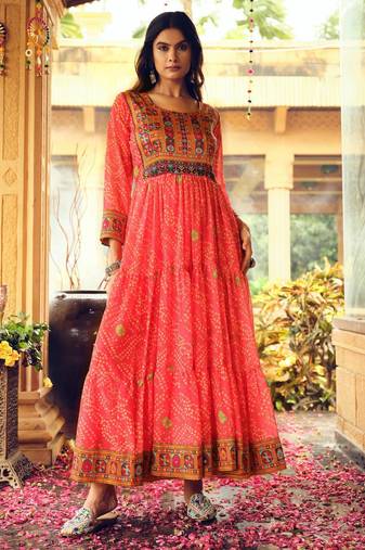 Women Gorgeous Bandhani Printed Faux Georgette Fabric Flared Gown