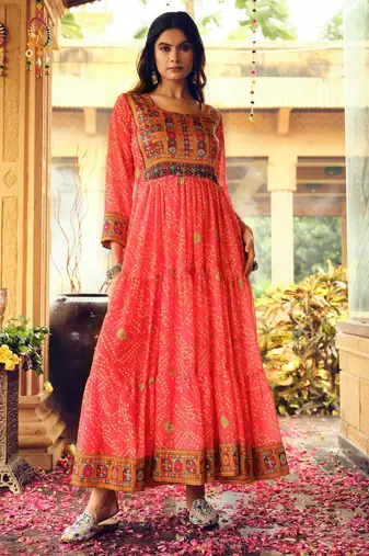 Women Gorgeous Bandhani Printed Faux Georgette Fabric Flared Gown