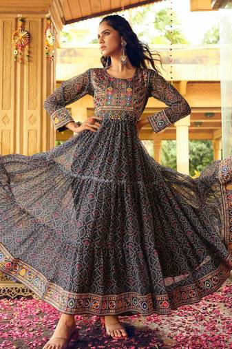 Women Gorgeous Bandhani Printed Faux Georgette Fabric Flared Gown