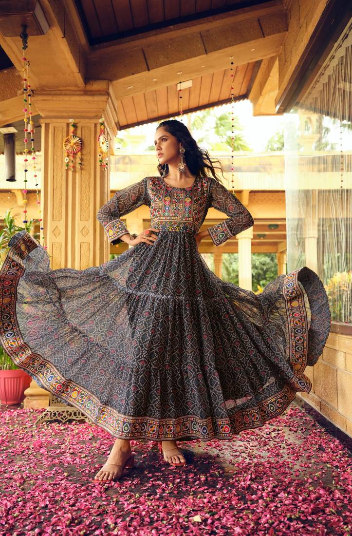 Women Gorgeous Bandhani Printed Faux Georgette Fabric Flared Gown