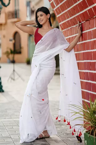 Mul cotton saree handwork mirrors - white boho