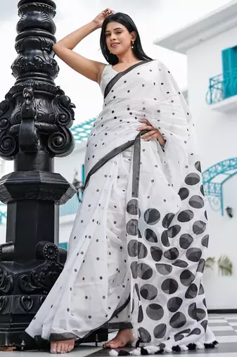 Mul cotton saree with polka dots - mono mood black