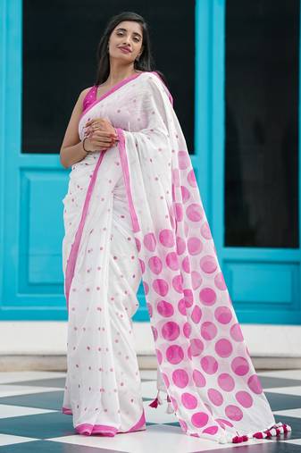 Mul cotton saree with polka dots - petal pop