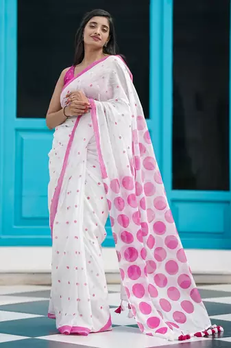 Mul cotton saree with polka dots - petal pop
