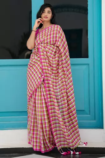 Mul cotton checked saree - peony grove