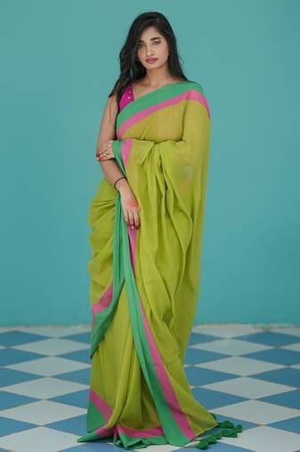 Mul cotton green saree- lime lush