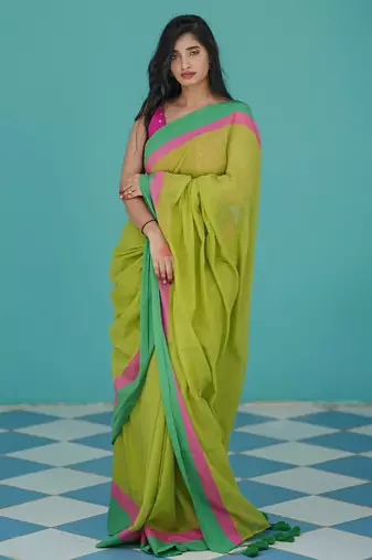 Mul cotton green saree- lime lush