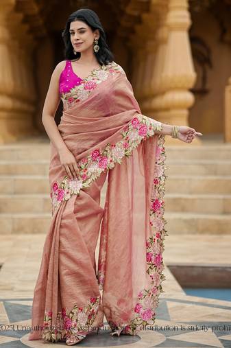 Crushed tissue saree with crossstitched embroidery – gulnar pink