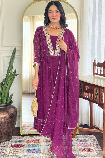 Wine georgette print with thread embroidery work kurta pant set